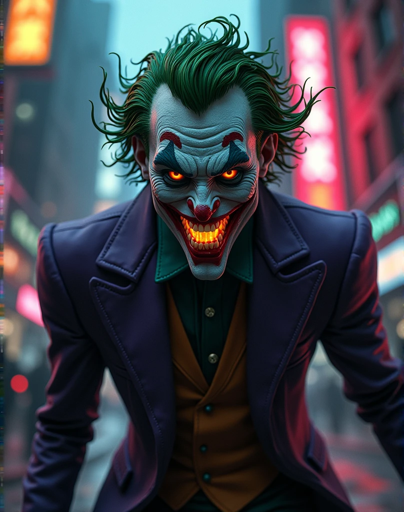 A (((anime-style joker))), detailed comic-book, body crazy, glowing purple green neon lights, smile Excessive, insane pose, cityscape of Gotham in the background, cinematic lighting, (best quality,8k,highres,masterpiece:1.2),ultra-detailed,(realistic,photorealistic,photo-realistic:1.37),intricate mechanical details, advanced dark technology, dramatic shadows, moody color palette, aesthetics,dynamic lighting,cinematic composition