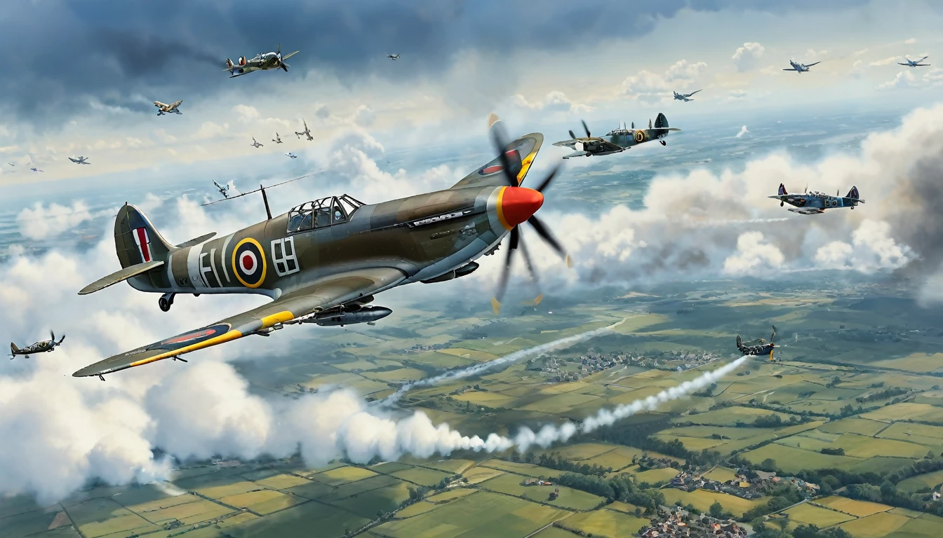 Create an ilustration in landscape position with dimensions of 210mm x 90mm depicting an aerial battle during World War II. In the center of the scene, show a British Spitfire fighter plane, with its distinctive markings and camouflage, performing an agile and bold maneuver while engaging several German Bf-109 fighter planes. The Bf-109s should be in attacking positions, with their typical Luftwaffe colors and markings. The sky should be dramatic, with clouds of smoke and tracer fire to indicate the intensity of the aerial combat. Include details like explosions and debris in the background to emphasize the ferocity of the battle. The setting can be a European landscape, such as a cloudy sky or a mountainous region in the distance. Make sure to capture the sense of speed and tension, with the planes in dynamic positions and the atmosphere charged with action and urgency.