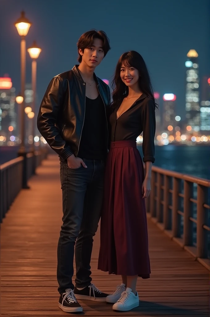 a handsome Korean man with shoulder length hair, wearing a black tank top, leather jacket, long tight jeans and sneakers, standing on a wooden
pier at night, with a beautiful woman with long black hair, wearing a long shirt dress with Peterpan Collar style neckline, long maroon mullet skirt, sneakers, with a beautiful view at night, calm sea water and from a distance the sparkling city lights at night, realistic, cinematic, photographic, Smilling at camera