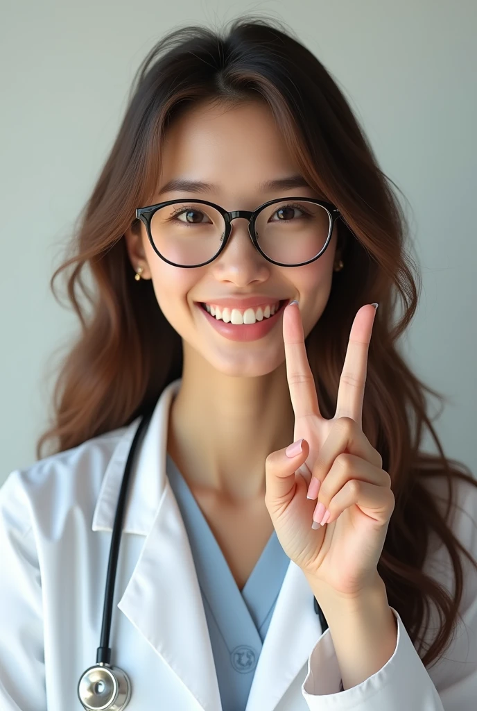 Beautiful girl with big eyeglasses, with long haired, wearing white medical coat. Facing front smiling and peace hand sign