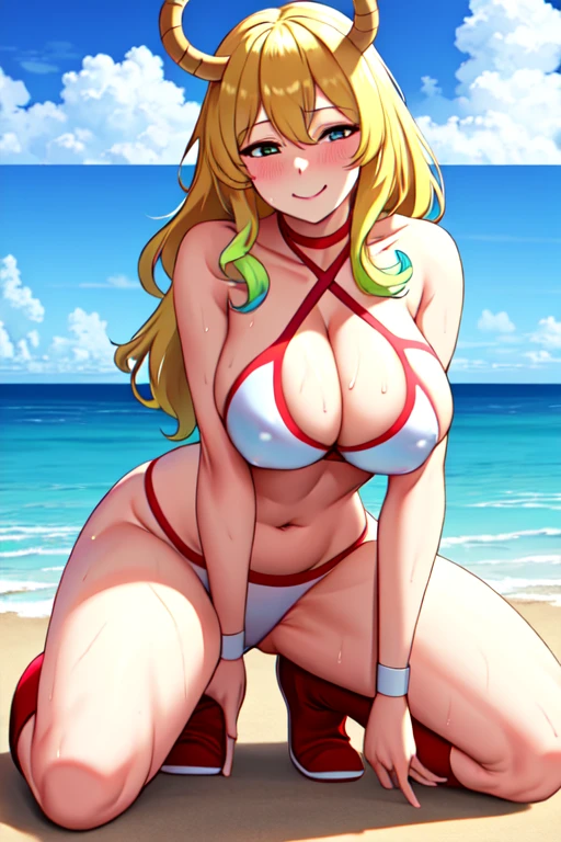 masterpiece, best quality, beautiful art, high resolution, well formed hands, body and fingers, 1 woman, solo, Lucoa , 31 years old, full body picture, grown up, adult, large and big breasted, cleavage, hair ornament, wearing a Tyris Flare outfit , white_bikini, full body, sexy and skimpy bikini, gorgeous hips, legs and thighs bouncing breasts, red boots, she is doing exercise in the beach, seductive face, warming up, working out, sexy and captivating training, smiling joyfully and happily , looking at the viewer, , sweating , bouncing breasts, training montage session, beach environment