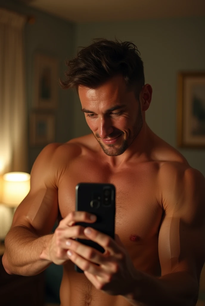 A man standing in front of the mirror in his room, with his muscular and toned hands and arms, showing the veins clearly marked on his skin. It is possible to see how the man is taking the photograph with his cell phone, with a mischievous and flirtatious expression on her face. The photograph has good framing and focus, showing all the details of his hands and arms, with veins clearly standing out due to push-up exercise. The man is of thin and athletic build, clear skin, dark brown hair, dark brown eyes, some freckles around the nose and forehead.