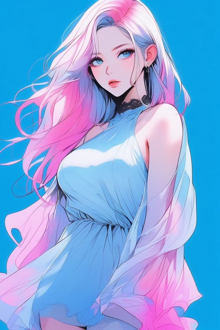Illustrator, anime , Realistic ,sketch , 1 person, model, Age 25, lip, Sheer chiffon mini dress, order, Blue gradient background, Neon Medium Hair, Big Breasts, look back, Sexy look, Texture Trim, Canadian, (masterpiece,Highest quality)