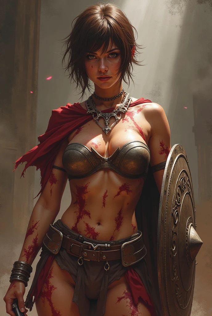 ((Highest quality, 8k, masterpiece :1.3)), 1 Female , Woman warrior, A body covered in wounds , Colosseum , topless , T-back panties , Large Breasts , , Sword in right hand , Shield in left hand , Wristband , Brown short hair , A face prepared for death , background:Martial Arts