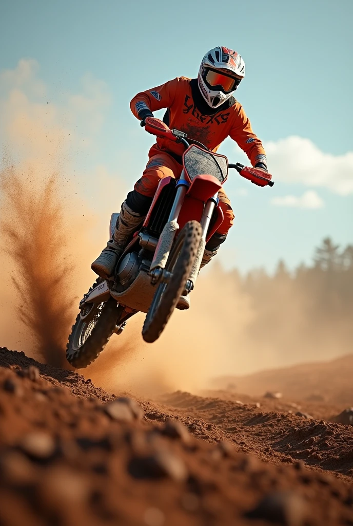 motocross racing,extreme sports,dirt bike racing,action,motion blur,high speed,adrenaline,rugged terrain,dusty environment,mud splatter,rider in mid-air,dynamic pose,protective gear,daring stunts,dramatic lighting,vibrant colors,c,(best quality,8k,highres,masterpiece:1.2),ultra-detailed,(realistic,photorealistic,photo-realistic:1.37),cinematic lighting,action photography, textured photography