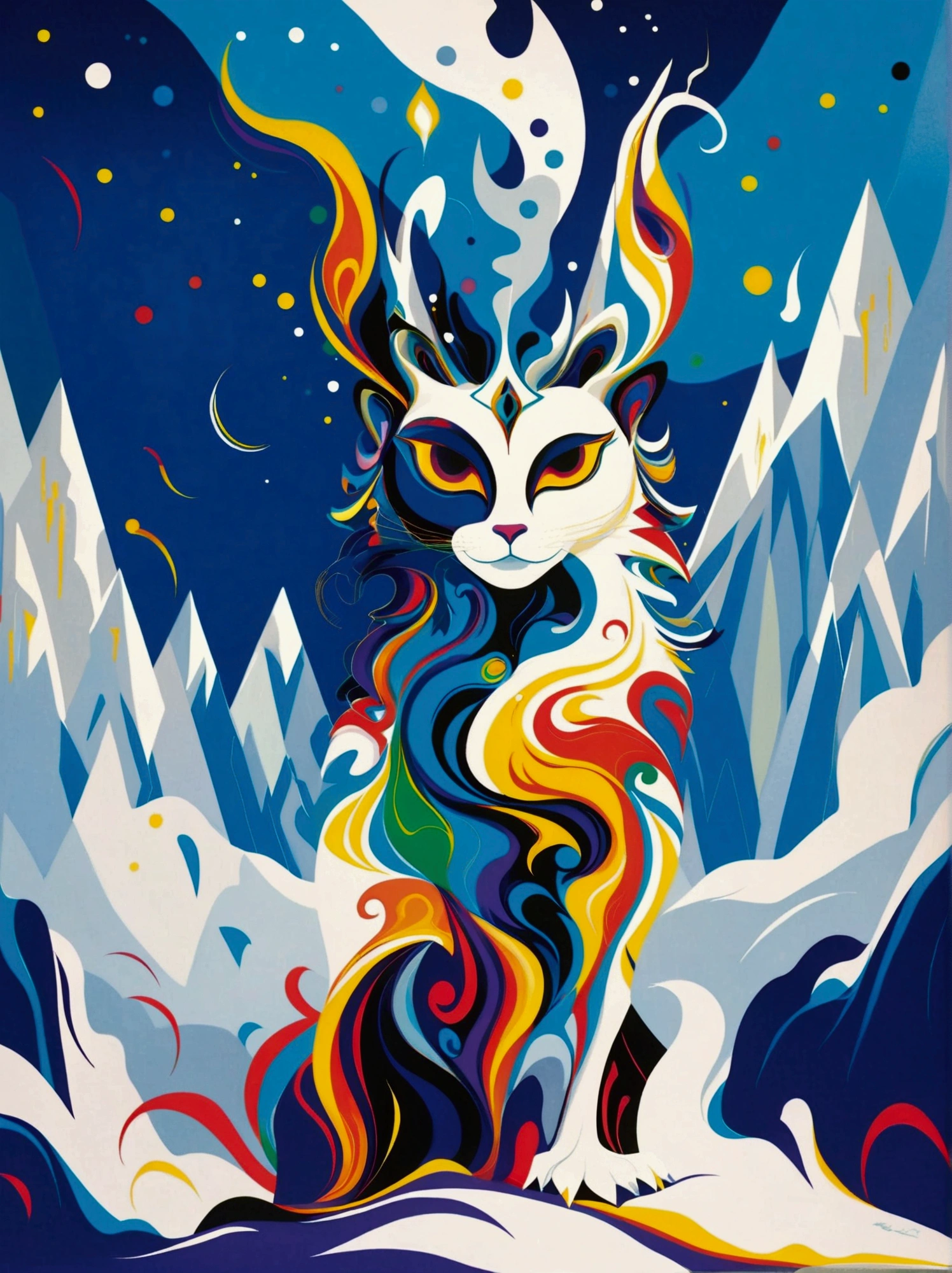 (negative space:1.5), a Mountains, colorful cartoon-style illustration from an award winning animated movie, illustrated in bold outlines, showcasing its colors and shapes. The character is depicted adorned colorful energy against a white background, mythical creature