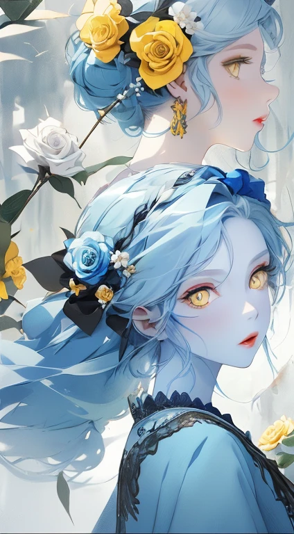 ((1 Girls)) , ((Blue Hair)) , ((Yellow eyes)) , ((White skin)) , Holding a black rose