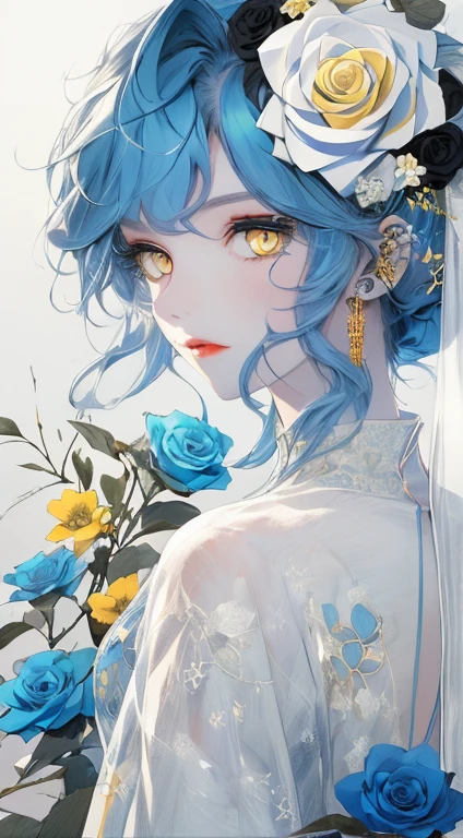 ((1 Girls)) , ((Blue Hair)) , ((Yellow eyes)) , ((White skin)) , Holding a black rose