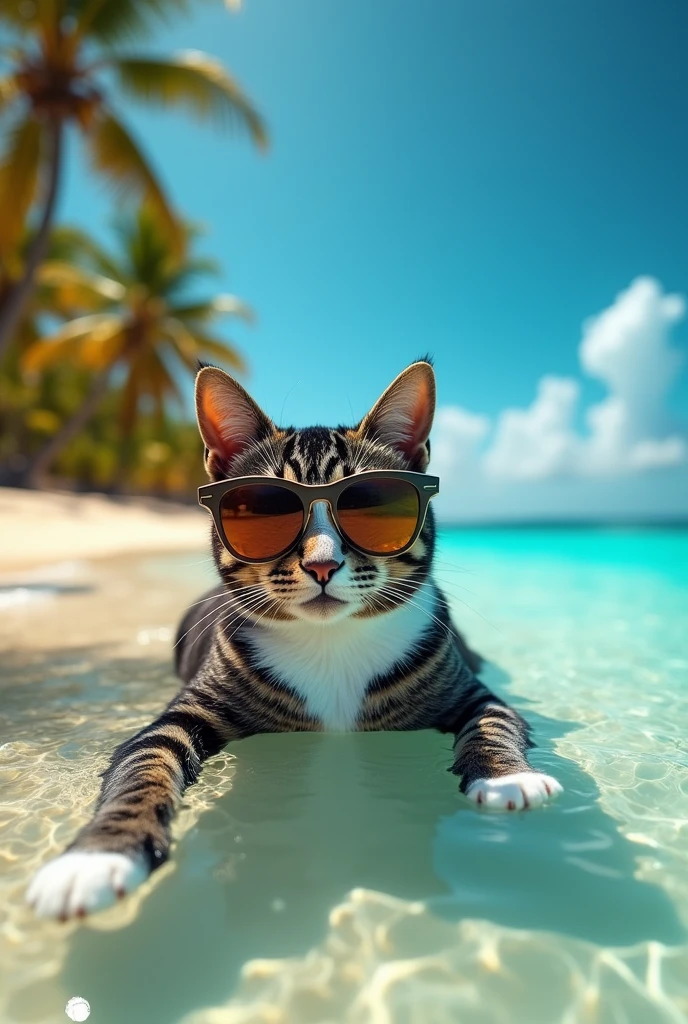 Voici une description pour une image générée :
Un chat tigré foncé à poils courts, avec le torse et les deux pattes avant de couleur blanche, il est en train de se baigné et de jouer dans l’eau. Il porte des lunettes de soleil de style star, reflétant le ciel bleu et la mer turquoise à l'arrière-plan. La mer se trouve sur un sable doré, avec des palmiers et un océan en arrière-plan, renforçant l’ambiance de vacances.