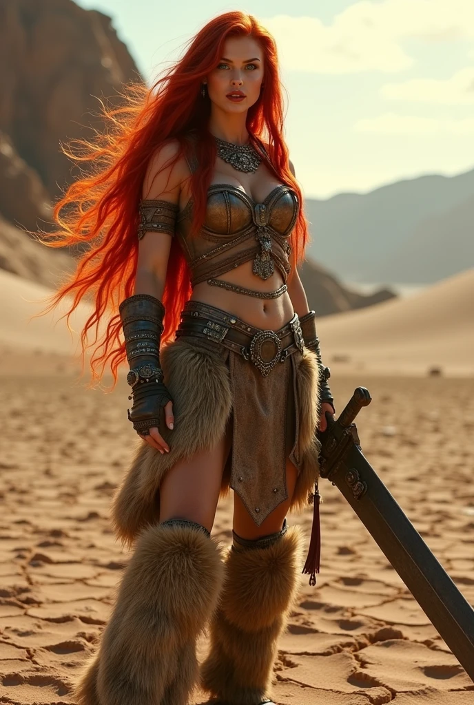 A beautiful, fierce Red Sonja with long red hair, piercing blue eyes, full red lips, wearing a sexy fur armor, holding a large sword, standing in a post-apocalyptic desert landscape, cinematic lighting, highly detailed, photorealistic, 8k, masterpiece