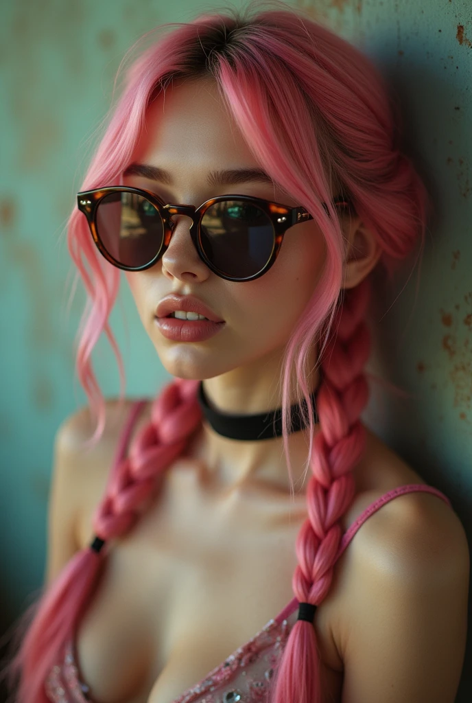 (Realisttic:1.2), analog photo style, Beautiful young woman, posing, with freckles and long pink hair braided, (modern ambient atmosphere), soft natural light, cute and sexy, great quality, Masterpiece, detailed strange background, better performance, 16k quality, RAW photo, sexy clothes, sexy choker, black choker, clevage, big tits, big fat tits, round tits, masive tits, giant tits, sunglasses, woman sunglasses, brown sunglasses