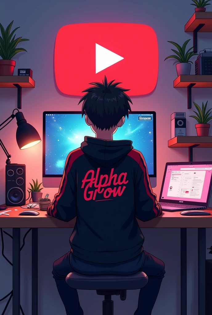 Create a image of "A 18 years anime boy, sitting in front of a computer desk with a microphone and laptop, wearing black and red hoodie with the Channel Name on it "alpha grow". The background includes a large YouTube logo on the wall, potted plants on either side, and various recording equipment.