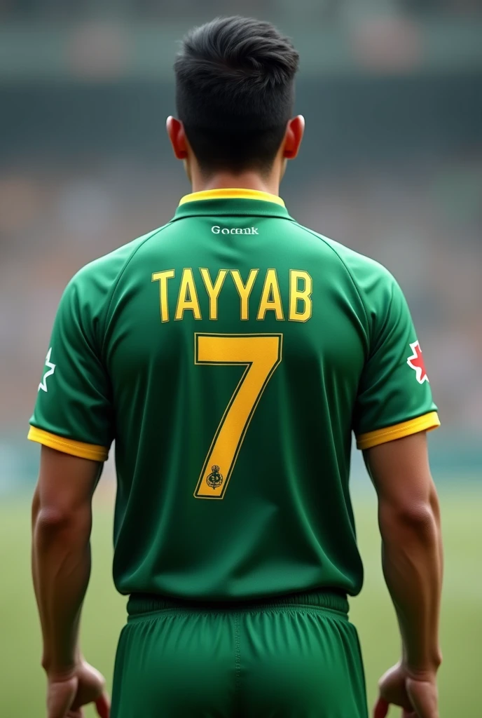  The man in Pakistan cricket team jersey back side with number 7 and name tayyab at the bottom