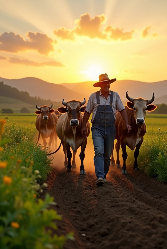 A farmer is plowing with oxen