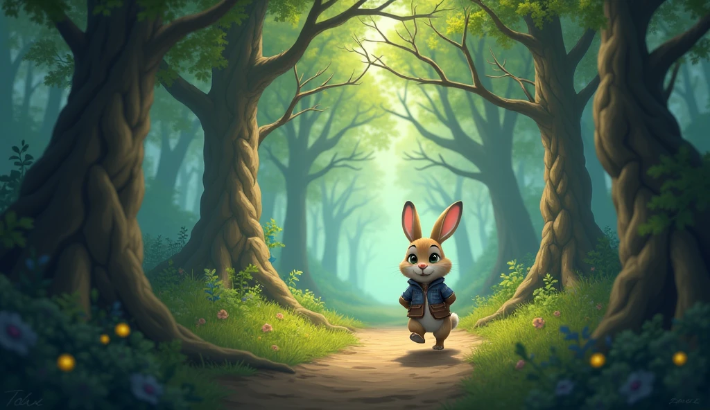 A small, adventurous rabbit named Max, Max hopping along the winding path, deeper into the forest. The trees are taller and more twisted, and the atmosphere becomes magical with a soft, sweet fragrance in the air. Max's ears are perked up, showing his excitement and curiosity.