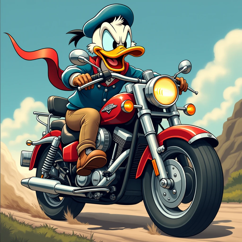 Donald Duck on a motorcycle, angry

