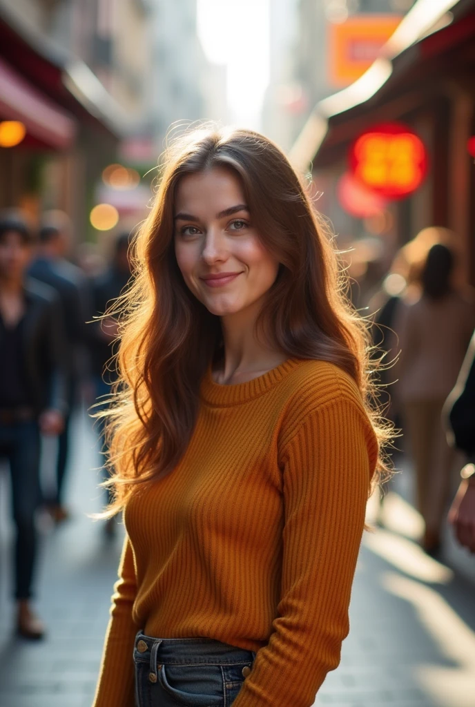 A young woman is standing on the street., Blur background, beautiful, photorealestic