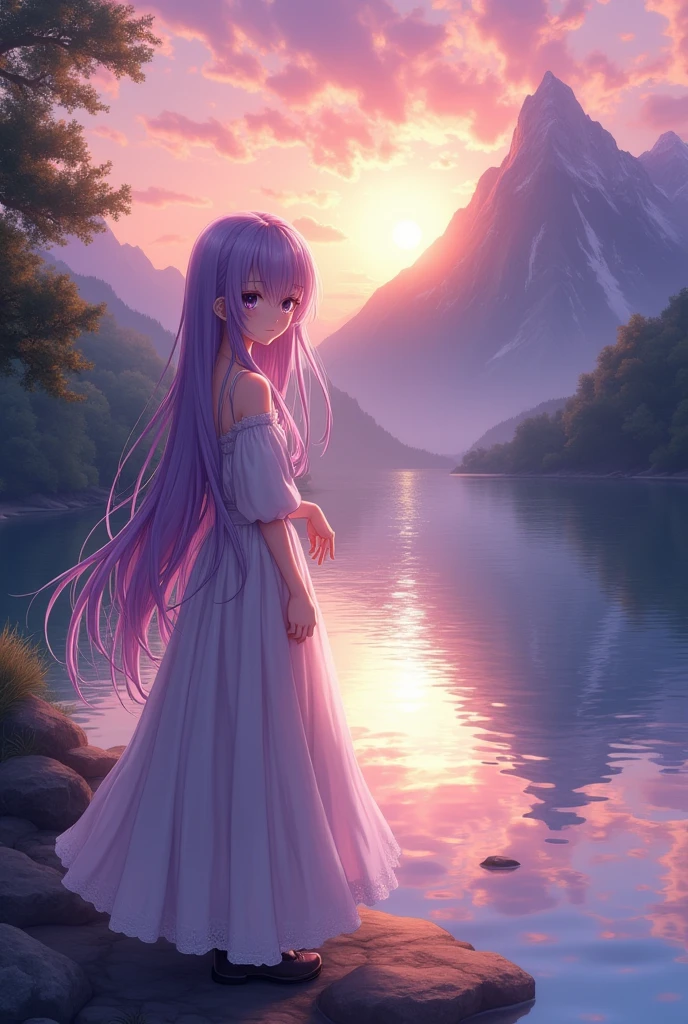 Make an Concept Photo Of an beautiful anime girl standing alone at river with beautiful mountains and watching the sunset 