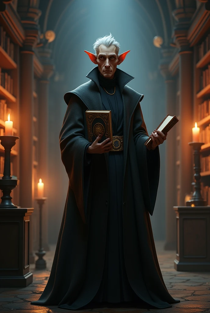 Create a highly detailed 3D Pixar-style character of a mysterious guardian of secrets. The character is of indeterminate age, with timeless, enigmatic features. They are dressed in a dark, elegant coat, with piercing eyes that seem to see into the soul. They hold an ancient book or a key, symbolizing the secrets they protect. The setting is a dimly lit room filled with old books, candles, and mystical artifacts. The overall atmosphere should be mysterious and captivating, drawing viewers in with a sense of intrigue and anticipation.
