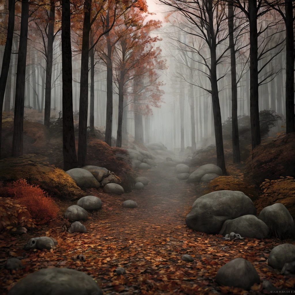 a highly detailed, 8k, hyperrealistic, masterpiece panoramic landscape of a dark, eerie, autumn forest with bones scattered on the fallen leaves, red autumn foliage, a gloomy, haunting atmosphere, and a few small rocks in the dense, shadowy woods, horror, cinematic lighting
