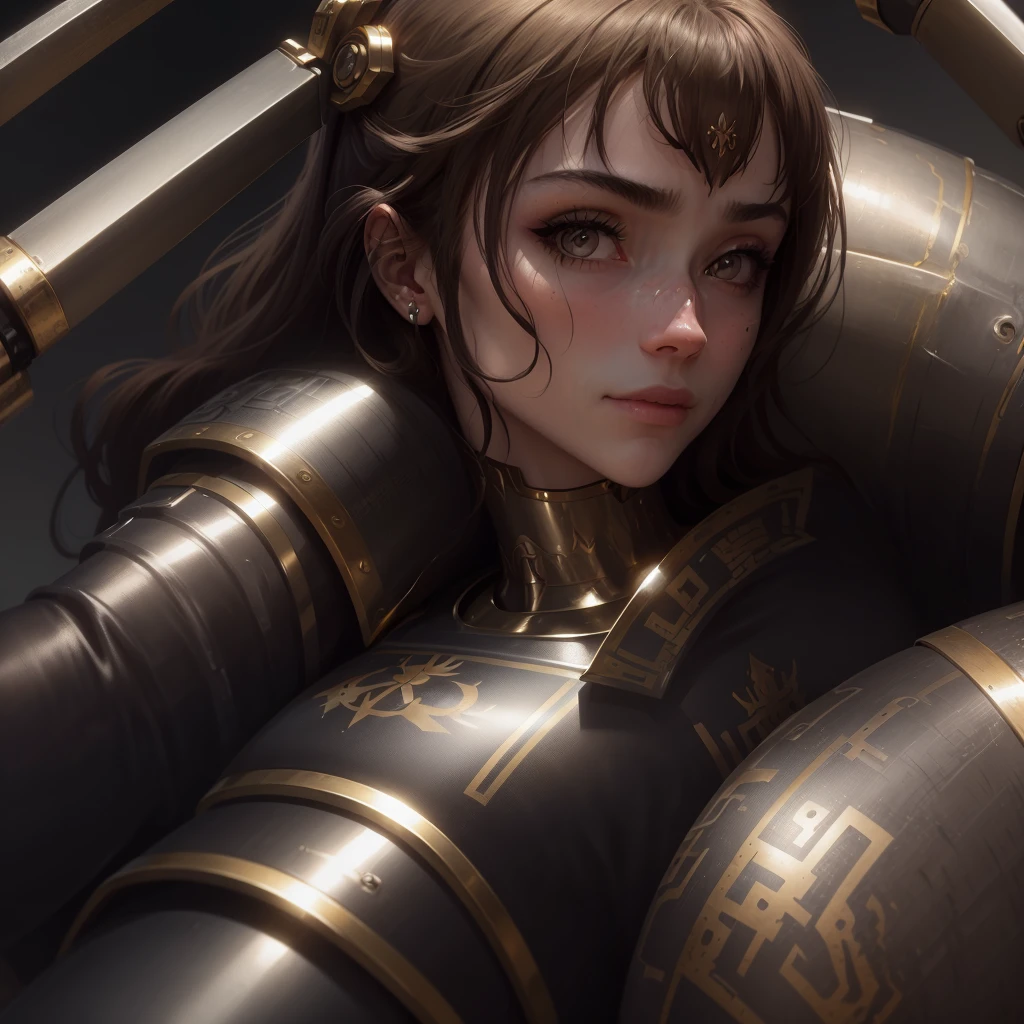 a close-up of a beautiful muscular girl in iron armor from the Middle Ages, metallic armor, wearing battle armor, ((best qualityer)), ((work of art)), (detailded), close-High above person, long hair, (Fantasyart:1.3), beautiful cyborg girl, highly detailded face, beautiful fine art illustration, (portrait composition:1.3), (8K resolution:1.2), (assessment_explicit), (punctuation_9, punctuation_8_High above, punctuation_7_High above, punctuation_6_High above, punctuation_5_High above, punctuation_4_High above, high resolution, 4K)