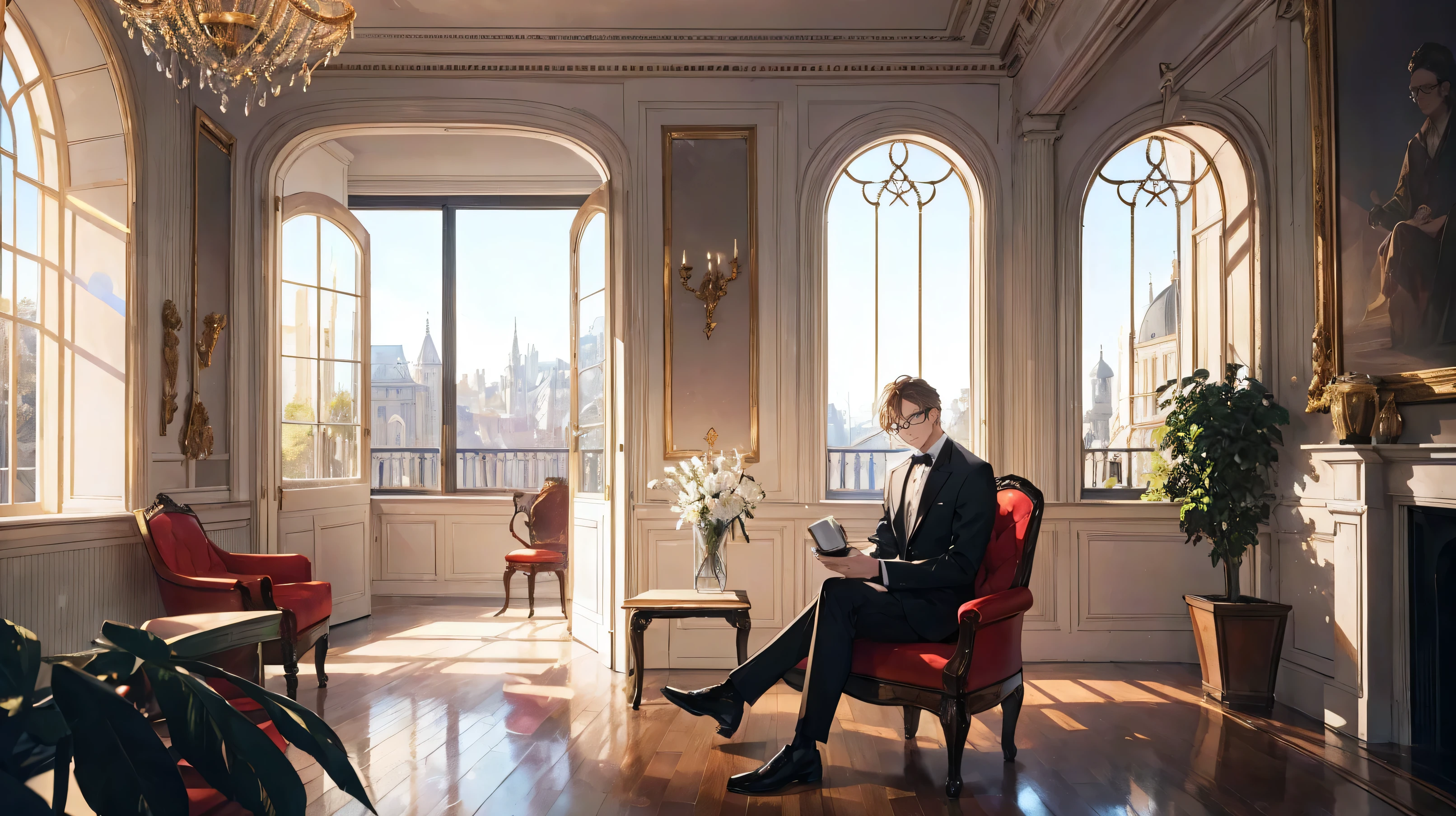 A picture of a guy with glasses inside a classical beautiful house with architectural details. He is sitting on a fancy chair drinking a coffee and admiring the landscape outside of his beautiful classical window. Make the landscape outside so contrasting and clear and color it. zoom out from the guy and let us see the room