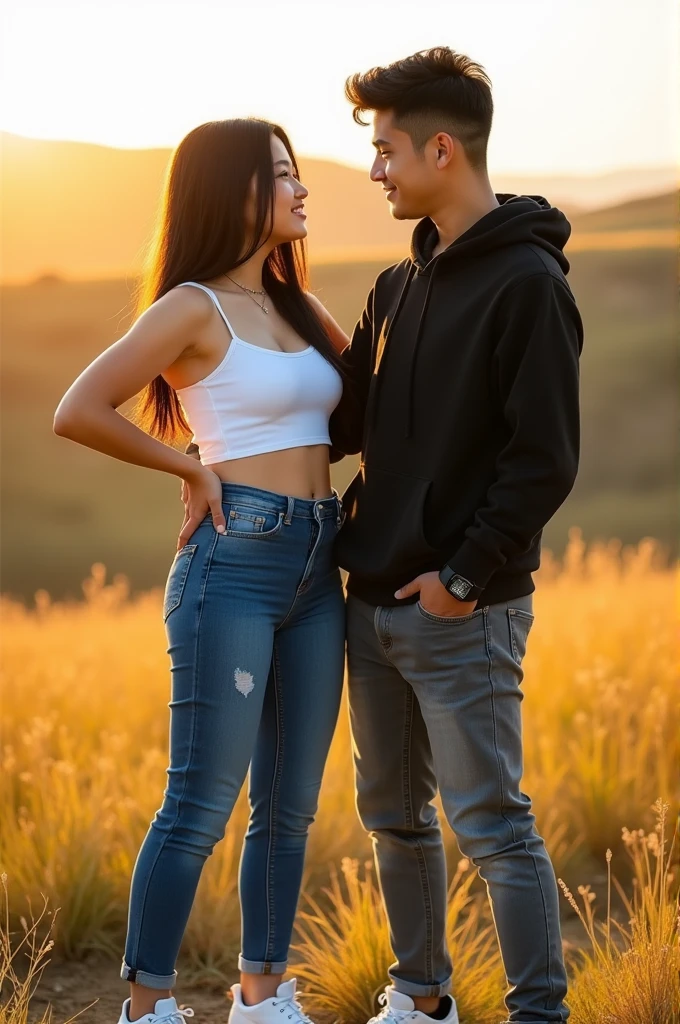 A beautiful girl with blue eye and korean black hairstyle with big hips and big breasts she wears white top, tight deep blue jeans in the pose of cowgirl with a handsome boy,he wears black hoodie,grey jeans,and white sneakers,smartwatch on wrist boy touch her hips .realistic image