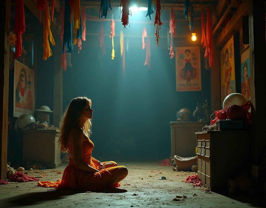 anime scene, female circus performer, sitting in the circus storage room alone, sleeveless costume.