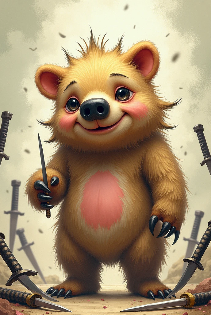 Horny bear,man,facial expression,funny,Big eyes,Big nose, Pink spot on the skin, o nariz dela e escuro como o de um porco spine, hair (spine) Her's is long, She is wearing a clever dress, There are short knives and katana and claws