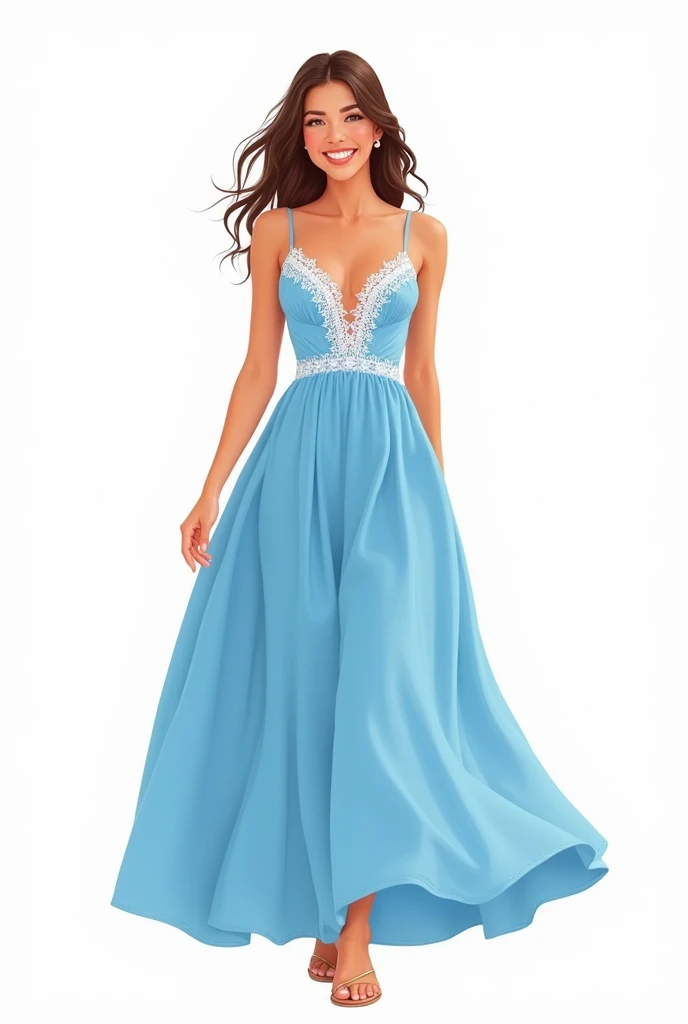 Illustration d'une femme portant une robe d'été bleu avec de la dentelle blanche, souriante, centrée sur fond blanc uni