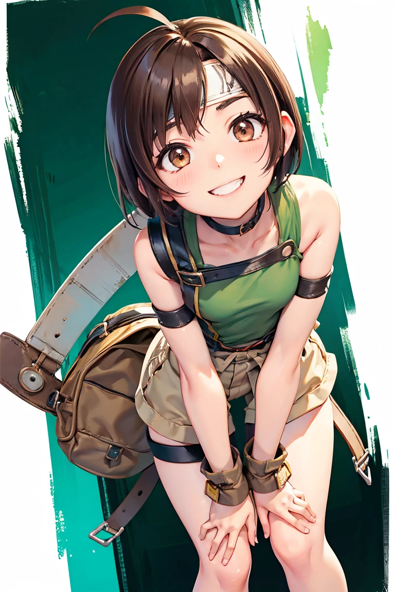 yuffie kisaragi、One Woman、Brown Hair、Asymmetrical bangs、Short Hair、Headband、Small waist、Thin legs、smile、Leaning forward、Looking up