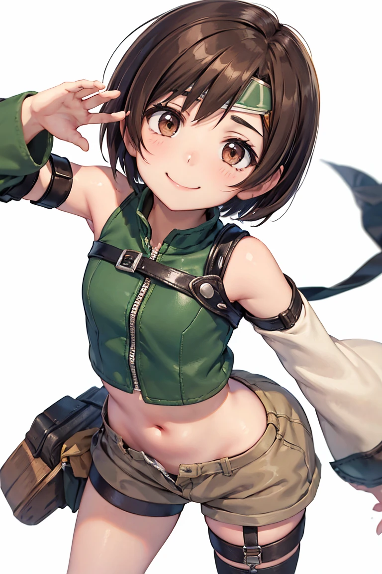 yuffie kisaragi、One Woman、Brown Hair、Asymmetrical bangs、Short Hair、Headband、Small waist、Thin legs、smile、Leaning forward、Looking up