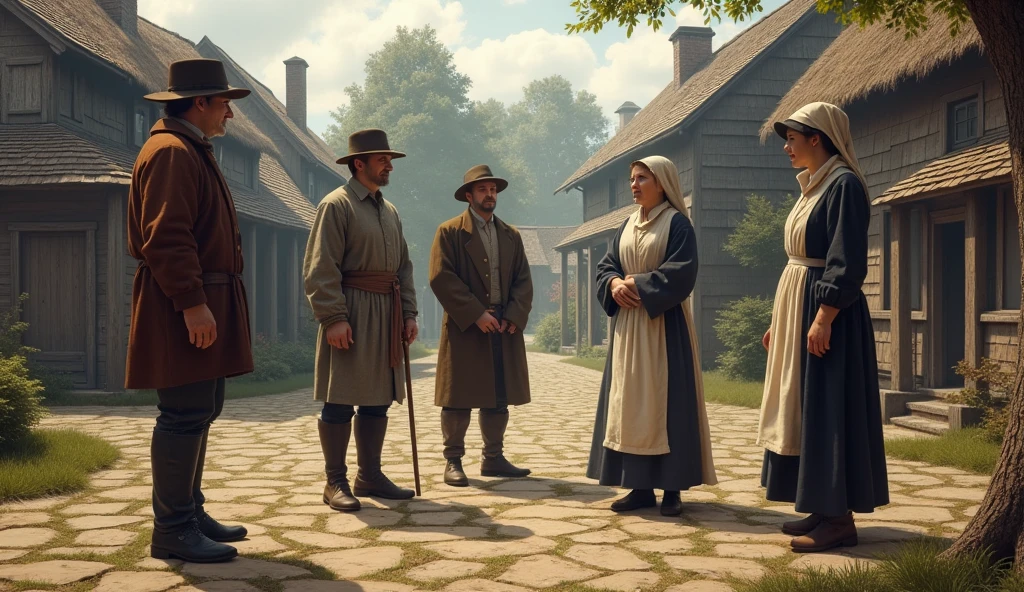 A scene in a 17th-century colonial village showing five Puritans in traditional attire. They are gathered in a square, talking and observing the environment. The Puritans wear simple and modest clothes: men in trousers and long-sleeved shirts, wide-brimmed hats and woolen coats; Women in long dresses, head coverings and aprons. The architecture in the background is austere, with wooden houses and an atmosphere of simplicity and sobriety."