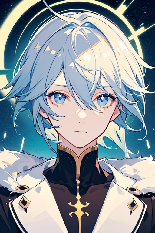VTuber Illustration、High resolution、create、whole body,Gray Hair,Neutral Facial Features,cute,Clever boy,Bangs between the eyes, Stars in the Sky, White eyes, Gradient colored eyes, Gradient eyes, Long eyelashes, Sparkling eyes, Ahoge, Cinematic light effects, Bright Eyes, Sparkling eyes, Glowing Eyes, Black clothes,universe,Hair that looks like ears,