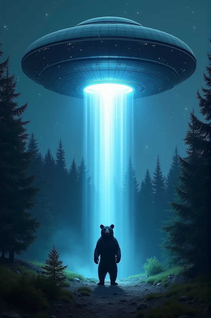 An alien spaceship beaming up a black bear