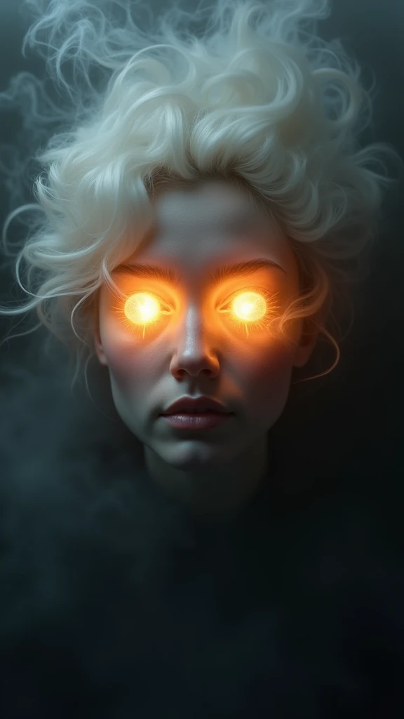 An ultra-realistic and highly detailed image of a female head floating amidst gray and black smoke. Her hair is made of white smoke that spreads throughout the image. She has no eyes; instead, she has two incandescent balls of fire. Her features are delicate. The background is completely black with no illumination. The scene is captured with a Nikon Z7 II paired with a 105mm f/1.4E ED lens, ensuring stunning clarity and rich details. The lighting is dramatic, with the incandescent balls of fire providing the only source of light. The aspect ratio is 9:16, emphasizing the vertical composition 