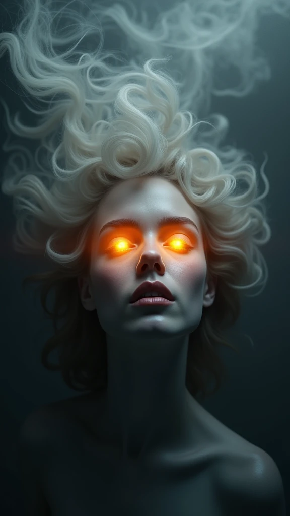 An ultra-realistic and highly detailed image of a female head floating amidst gray and black smoke. Her hair is made of white smoke that spreads throughout the image. She has no eyes; instead, she has two incandescent balls of fire. Her features are delicate. The background is completely black with no illumination. The scene is captured with a Nikon Z7 II paired with a 105mm f/1.4E ED lens, ensuring stunning clarity and rich details. The lighting is dramatic, with the incandescent balls of fire providing the only source of light. The aspect ratio is 9:16, emphasizing the vertical composition