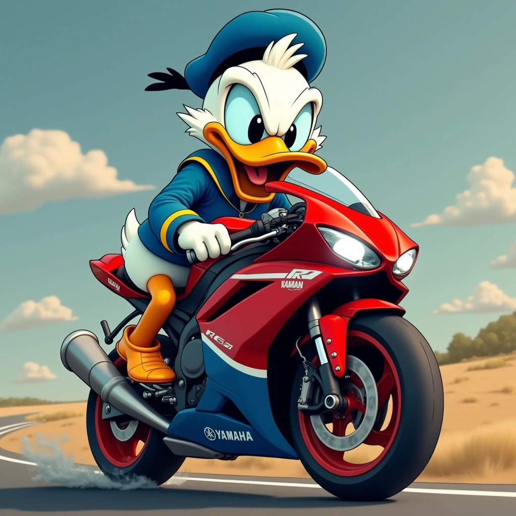 Angry Donald Duck on a Yamaha R1 motorcycle

