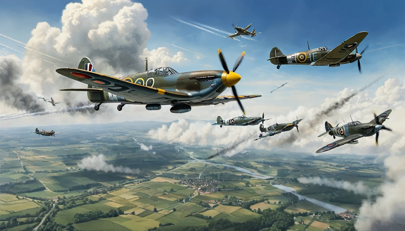 Create an ilustration in landscape position with dimensions of 210mm x 90mm depicting an aerial battle during World War II. In the center of the scene, show a British Spitfire fighter plane, with its distinctive markings and camouflage, performing an agile and bold maneuver while engaging several German Bf-109 fighter planes. The Bf-109s should be in attacking positions, with their typical Luftwaffe colors and markings. The sky should be dramatic, with clouds of smoke and tracer fire to indicate the intensity of the aerial combat. Include details like explosions and debris in the background to emphasize the ferocity of the battle. The setting can be a European landscape, such as a cloudy sky or a mountainous region in the distance. Make sure to capture the sense of speed and tension, with the planes in dynamic positions and the atmosphere charged with action and urgency.