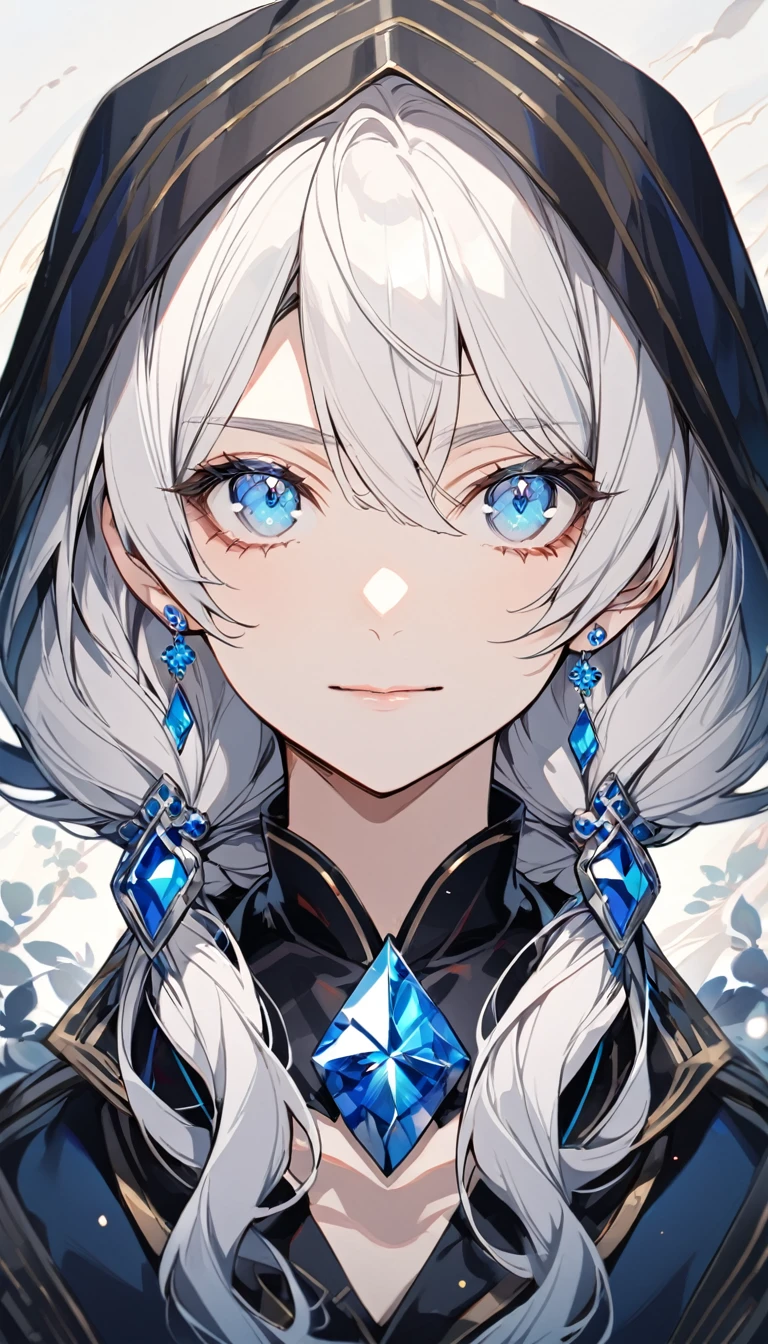 girl, mature, white hair, blue diamond earings, long hair, low twin tails, blue eyes, adult. front face, beautiful, calm face