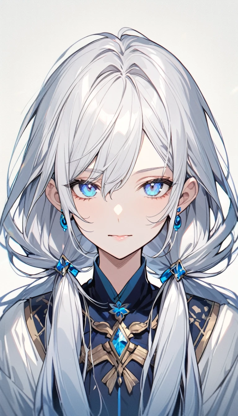 girl, mature, white hair, blue diamond earings, long hair, low twin tails, blue eyes, adult. front face, beautiful, calm face