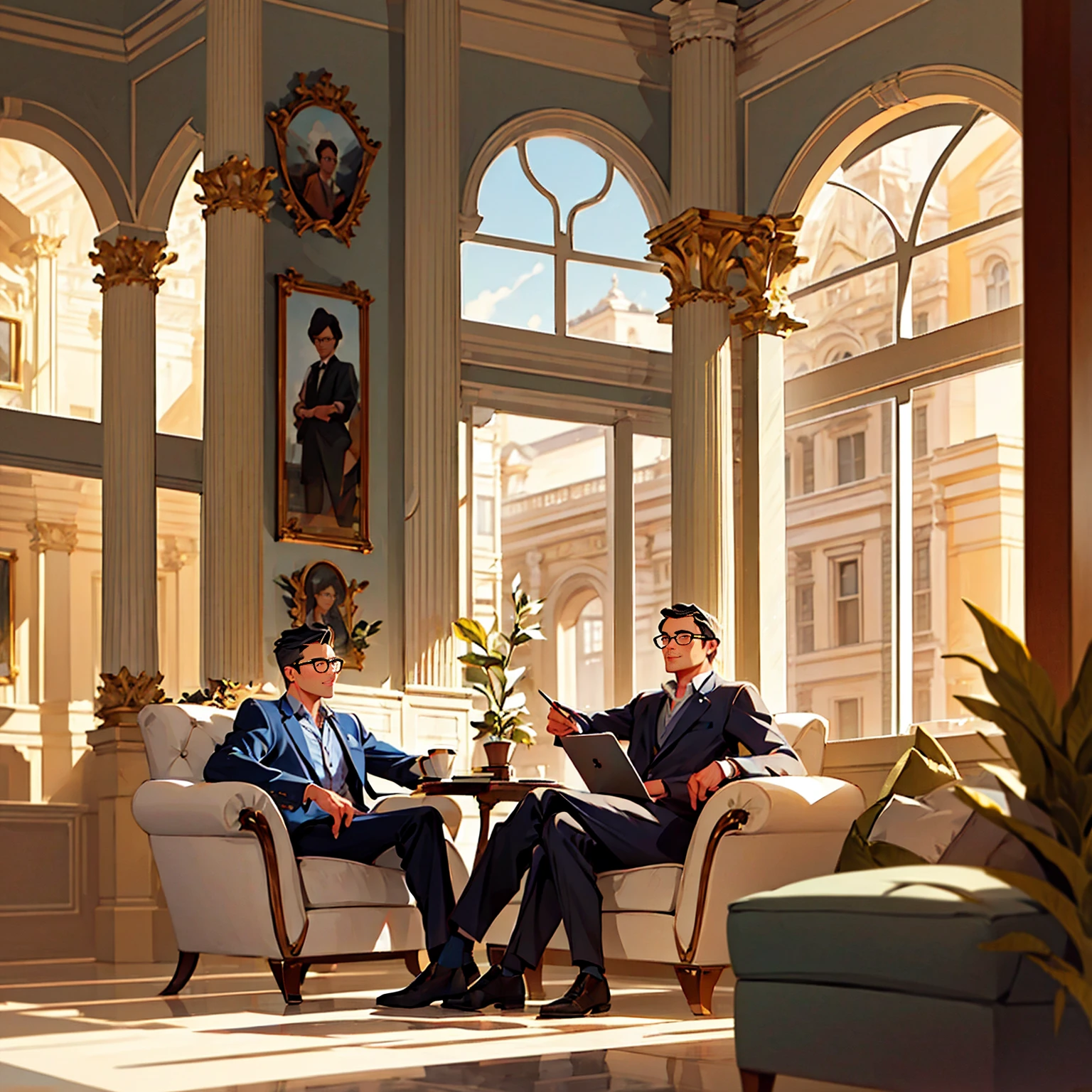 A picture of a guy with glasses inside a classical beautiful house with architectural details. He is sitting on a fancy chair drinking a coffee and admiring the landscape outside of his beautiful classical window. Make the landscape outside so contrasting and clear and color it. zoom out from the guy and let us see the room