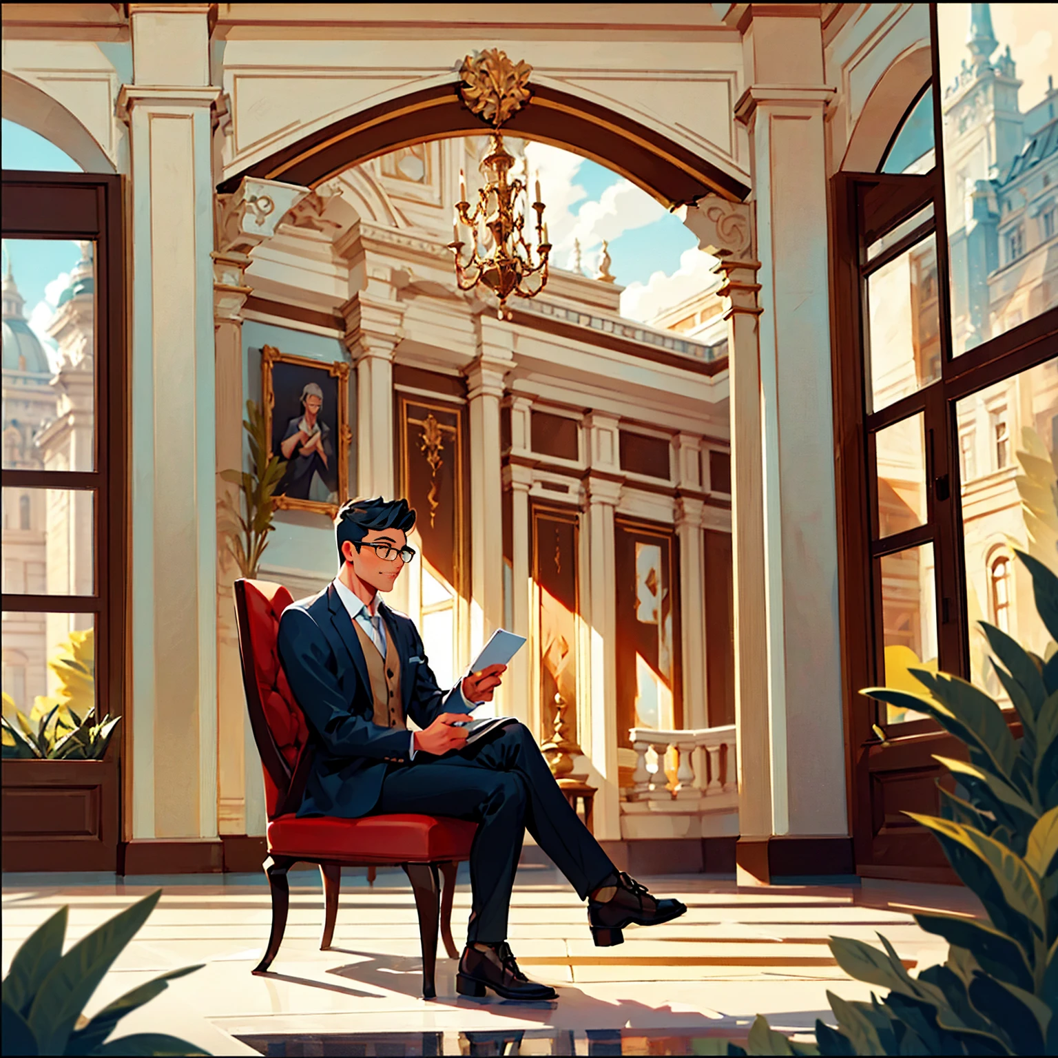 A picture of a guy with glasses inside a classical beautiful house with architectural details. He is sitting on a fancy chair drinking a coffee and admiring the landscape outside of his beautiful classical window. Make the landscape outside so contrasting and clear and color it. zoom out from the guy and let us see the room