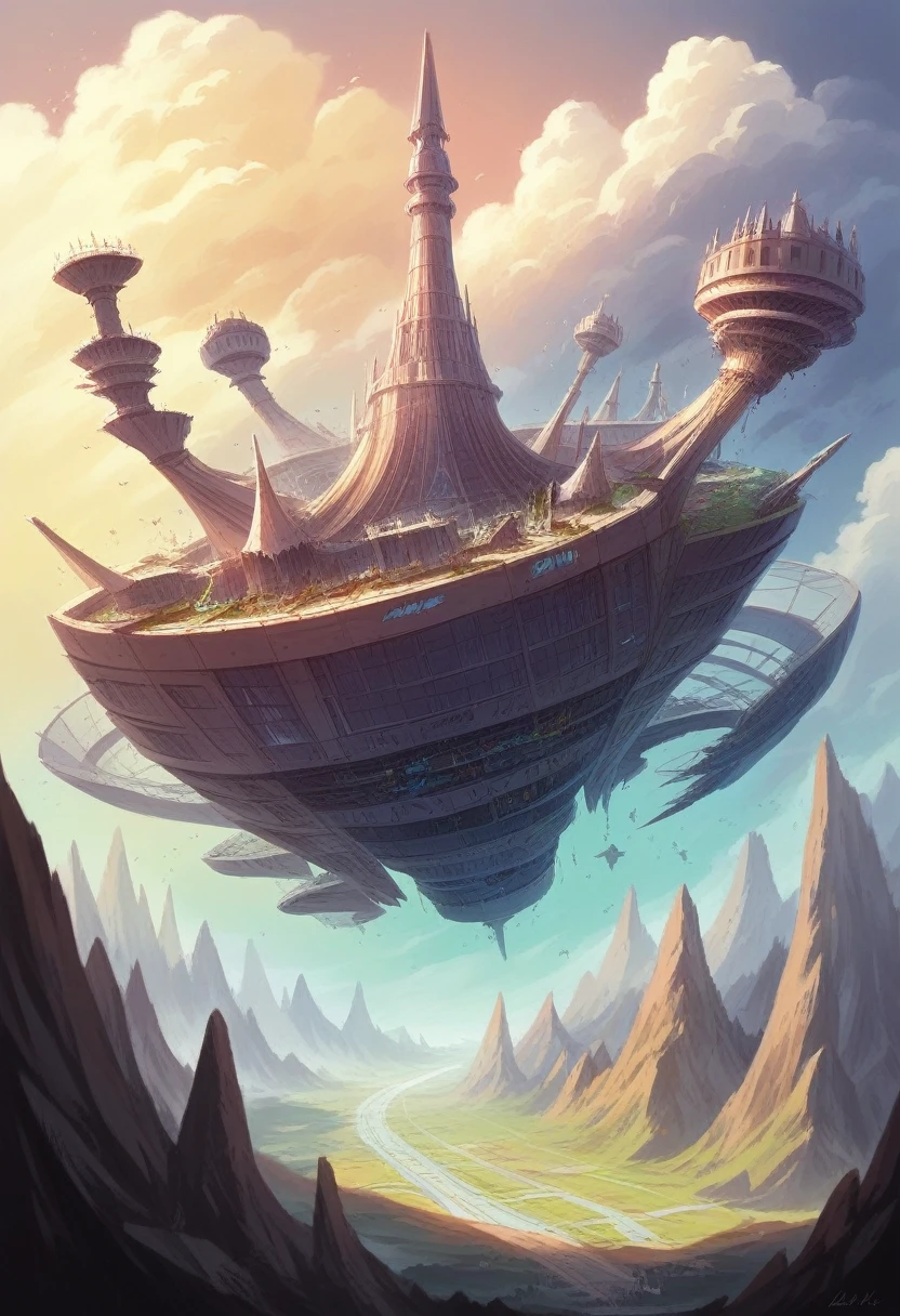a floating futuristic evil island, suspended in the air, cities, fantasy, (villain's lair), (kawaii), cute, cute, anime style, technological, dark, whimsical, magical plant growth, extreme details, realistic lighting, blue sky, epic composition, (complex details), (complex structure, ultra-detailed:1.2), art station, (masterpiece, best quality), ultra HD, 32k