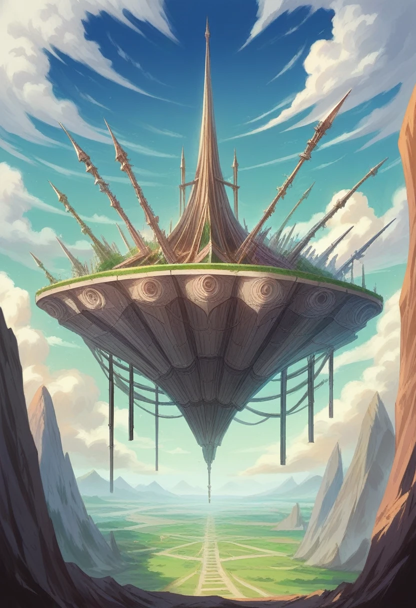 a floating futuristic evil island, suspended in the air, cities, fantasy, (villain's lair), (kawaii), cute, cute, anime style, technological, dark, whimsical, magical plant growth, extreme details, realistic lighting, blue sky, epic composition, (complex details), (complex structure, ultra-detailed:1.2), art station, (masterpiece, best quality), ultra HD, 32k