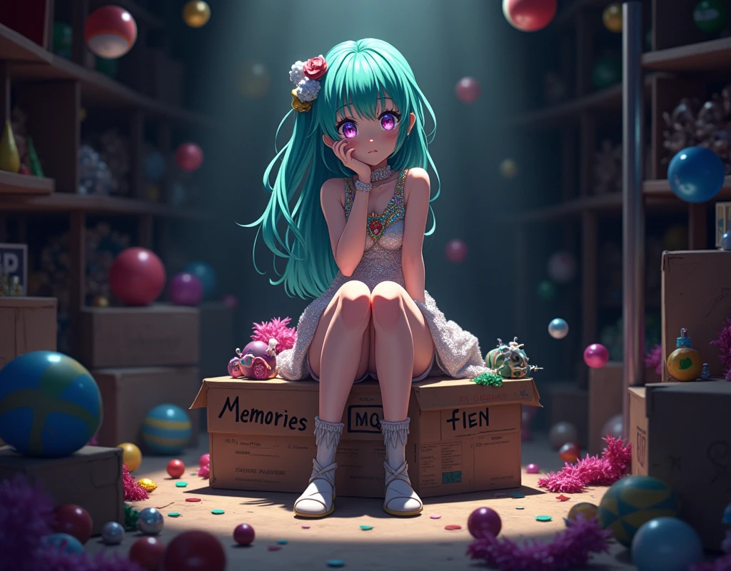 anime girl who is a circus performer, sitting in the circus storage room alone, sleeveless costume.