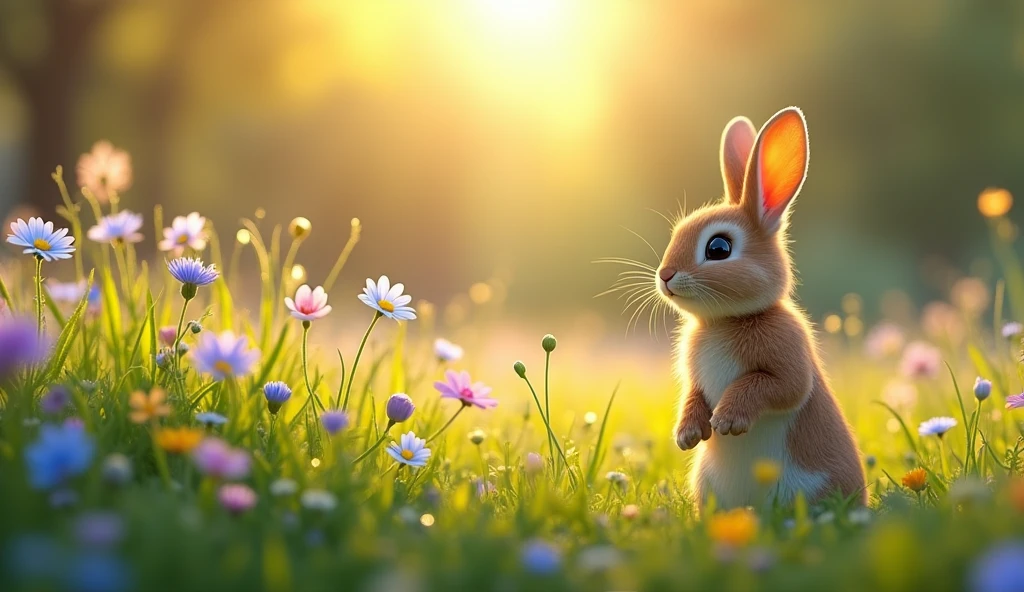 A small, adventurous rabbit named Max, A breathtaking meadow with deep emerald green grass and vibrant, multicolored flowers. Some flowers glow softly, while others seem to be humming a gentle tune. Max stands in the middle of the meadow, wide-eyed and in awe of the beauty around him.

