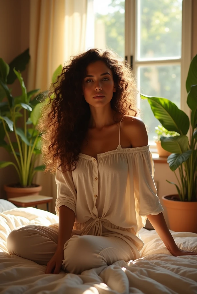 (photorealism:1.2), beautiful woman, sitting on bed, wearing loose off-shoulder top, pajama pants, long curly hair, indoors, soft lighting, plants in background, window with sunlight, cozy room, relaxed pose, realistic, intricate details, warm colors, by Greg Rutkowski, by Alphonse Mucha