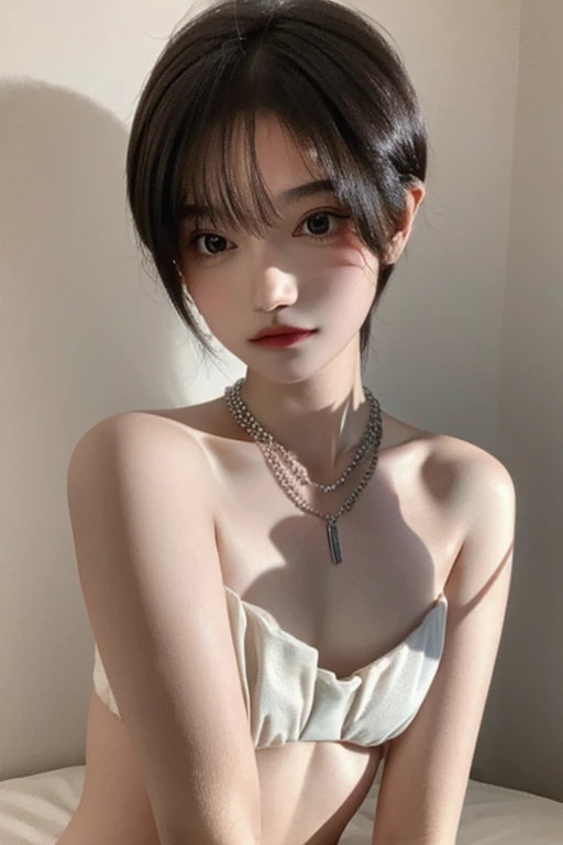 18 year old girl, naked, , small bust, looking at the viewer, with a necklace on the neck, in bed, having relationships.