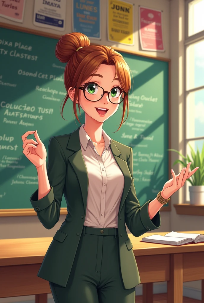 Create a image of an English teacher in 2d anime style